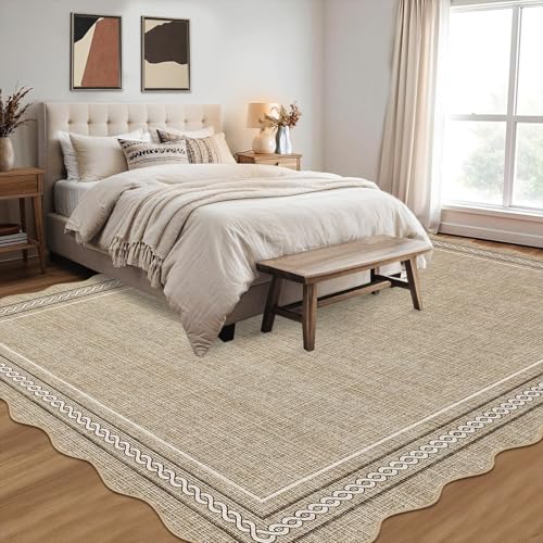GarveeHome Scalloped Washable 8x10 Area Rug for Living Room Non Slip Soft Bedroom Rugs Solid Jute Color Bordered Rug Low Pile Stain Resistant Carpet for Nursery Dining Room Playroom Classroom, Jute - color: Jute Color, size: 8' x 10' (Rectangular)