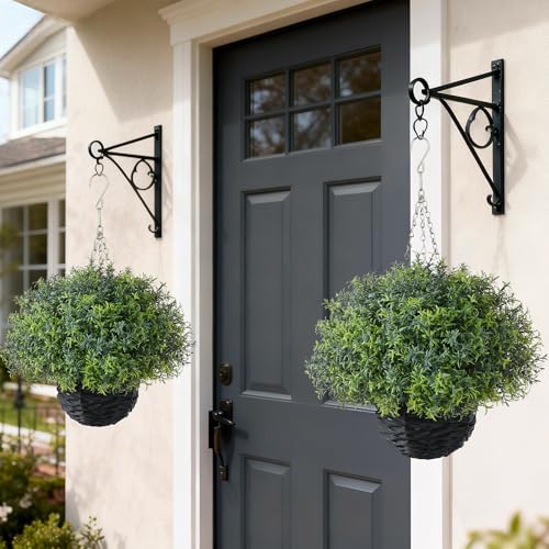 YXZZWL Artificial Rosemary Hanging Basket - 2 Sets with Baskets, Hanging Plants Faux Shrubs, Suitable for Porch, Eaves, Farmhouse, and Garden Decoration for Outdoor UV-Resistant Ornaments