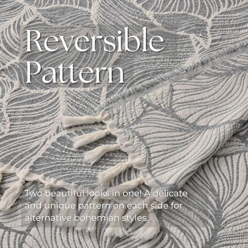 DOWN HOME Chenille Cotton Throw Blanket for Couch, Lightweight Boho Blanket for Bed Sofa Chair Living Room Outdoor Soft Woven Decorative Blanket with Tassel Gift Grey Leaves 50"x70" - color: Grey, size: 50"x70"