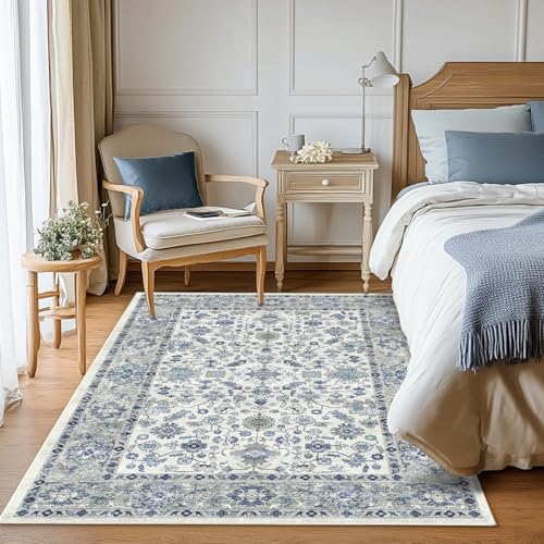 Area Rug for Living Room 3x5, Machine Washable Vintage Oriental Soft Carpet, Low Pile Thin Floor Area Rugs with Non Slip Backing for Office Door Mat Kitchen Bathroom Indoor Dorm Dining Room - color: Blue, size: 3x5