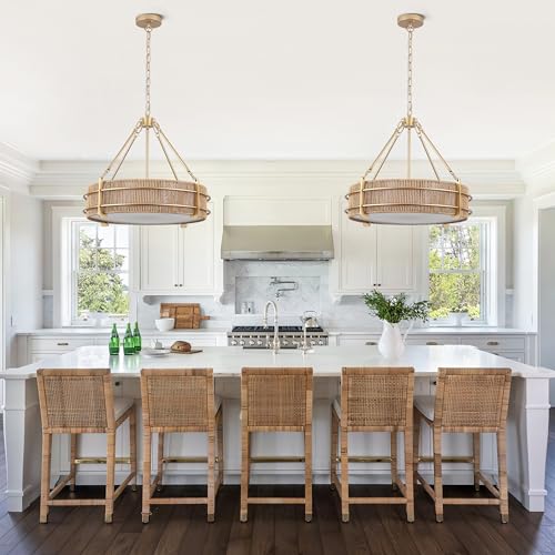 21.5'' Boho Rattan Chandelier Light Fixture, 5-Light Hand Woven Rattan Chandeliers with Fabric Shade, Rustic Gold Pendant Light for Kitchen, Bedroom, Dining Room, Living Room, Foyer - size: 21.5 inch