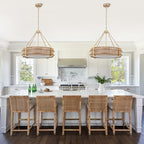 21.5'' Boho Rattan Chandelier Light Fixture, 5-Light Hand Woven Rattan Chandeliers with Fabric Shade, Rustic Gold Pendant Light for Kitchen, Bedroom, Dining Room, Living Room, Foyer - size: 21.5 inch