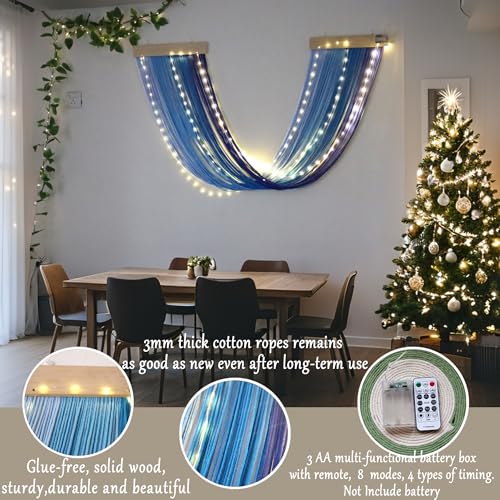 Macrame Fairy Lights Battery Operated with Remote,Large Macrame Wall Hanging with 20ft 100 LED String Lights, Blue Gradient Warm White Light for Living Room,Bedroom,Christmas,Holiday Deco - color: Blue-Warm White
