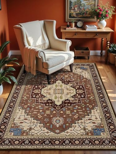 Macgace 4x6 Mousse Brown Area Rug for Living Room, Machine Washable Rugs with Non-Slip Backing for Bedroom, Vintage Medallion Carpet Kitchen Laundry Kids Room Decor - color: Brown & Beige, size: 4' x 6' (Rectangular)
