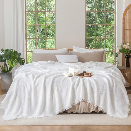 MooMee Muslin Blanket - 100% Cotton 4-Layer Gauze Throw Blanket with All-Around Fringe, Soft Breathable Lightweight Cooling Summer Blankets for Bed Couch (Bright White,Oversize Queen 98" x 98") - color: Bright White, size: Oversize Queen