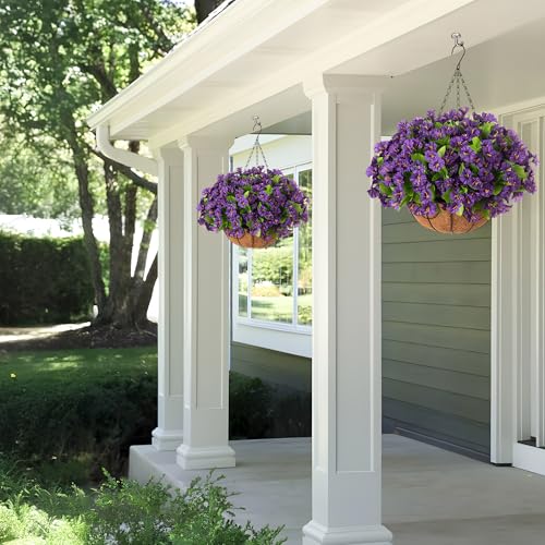 Ammyoo Artificial Hanging Flower Plants with Basket for Spring Summer Outdoor Decoration, Faux Petunias Flowers Fake Morning Glories Planter for Outside Patio Garden Porch Balcony Yard Decor(Purple) - color: Purple