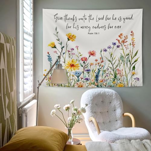 AQYIP Wildflower Christian Tapestry, Psalm 136:1 Bible Verse Tapestry Decorative, Christian Room Decor, Floral Religious Wall Tapestries Blanket Decor for Home Office Church, 50x60 Inch - color: Psalm 136:1