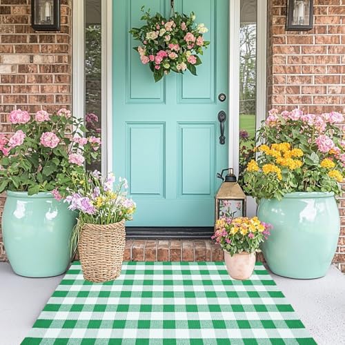 CAINANEL Buffalo Plaid Outdoor Rug Green and White Spring Door Mat Layering Rug Welcome Doormats for Spring Easter Farmhouse Entrance Porch Outdoors Decor - color: Green and White, size: 2'4" x 3'7" (Rectangular)