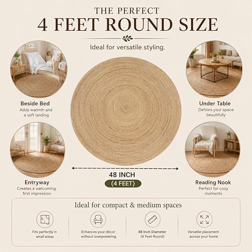 Jute Braided Area Rug, Natural - 4 Feet Round, Boho Neutral Rattan Circle Hand Woven Rugs for Living Room, Bedroom, Nursery, Kitchen, Indoor Use | Farmhouse Rustic Patio Floor Mat for Home Décor - color: Natural, size: 4' (Round)