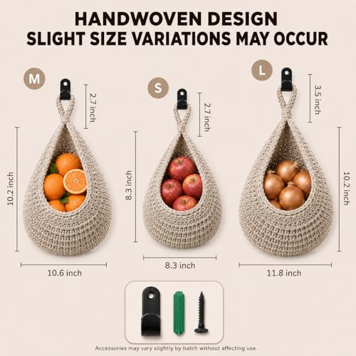 Boho Decor Hanging Fruit Baskets for Kitchen, 3 Pack Handwoven Teardrop Wall Hanging Baskets with Hooks, Storage for Fruits, Onions, Vegetables & Potatoes, 3 Sizes for Home, Light Linen - color: Light Linen