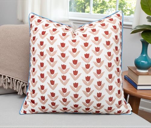 VAGMINE Scandi Folk Tulip 20x20 Inch Throw Pillow Cover - Red Blush Block Print Pattern on Textured Polyester - Cushion Case for Couch Sofa - Vamika Motif - color: Vamika Motif, size: 20" x 20" (Pack of 1)