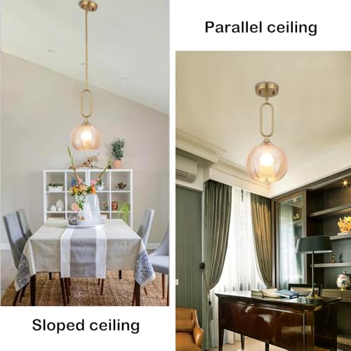 Amber Glass Pendant Light Set of 2 Modern Globe Pendant Lighting Nordic Ribbed Gold Ceiling Hanging Chandelier with Brushed Brass Adjustable Rods Dining Room Kitchen Island Light Fixture - color: Gold-Amber 2 Pack