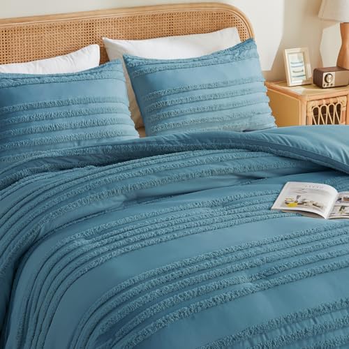 BEDELITE Boho Twin/Twin XL Comforter Set，Dusty Blue Tufted Striped Bed Set 2 Pieces, Soft Vintage Farmhouse Comforter for College, Boho Home Dorm Decor, Fluffy Jacquard Bedding with 1 Pillow Sham - color: Dusty Blue, size: Twin/Twin XL