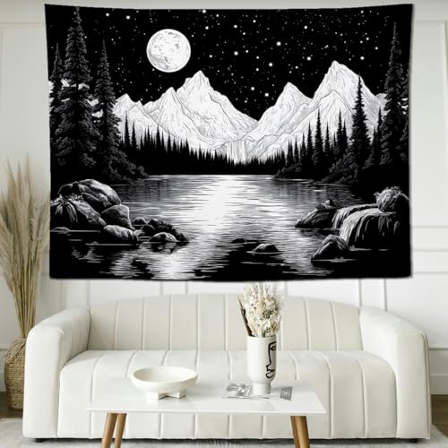 keowhsf Starry Night Mountain Lake Tapestry Black and White Tapestries Aesthetic Moon and Stars Wall Hanging Dark Nature Forest Tapestry for Bedroom Living Room Dorm Decor - color: StarryNight2, size: 48"L x 36"W