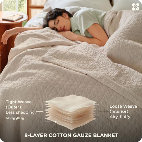 Bedsure 100% Cotton Muslin Blanket 8-Layer Twin XL, Breathable & Substantial Oeko TEX Gauze Bed Throw, PureWoven All-Season Moisture-Wicking Bedding, Softens After Wash, Linen Beige, 66"x90" - color: Linen Beige, size: Twin-XL