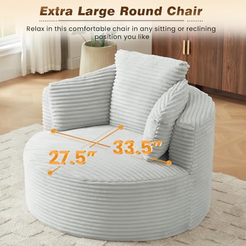 48"W Oversized Round Chaise Longue Chair Indoor,Corduroy Fluffy Comfy Cloud Chair,Circle Bean Bag Sofa with Foam Filling & Pillows,Boneless Reading Cozy Sofa Chairs for Living Room,Bedroom,Light Grey - color: Light Grey