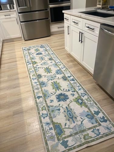 Fame Living Green Oushak Runner Rug, Modern Runners, Vintage, Turkish, Eclectic, Floral, Pastel, Washable, Runner for Hallway, Kitchen, Bedroom, Bathroom, 2'5"x9'8" - color: Cream Green, size: 2'6" x 9'10" (Rectangular)