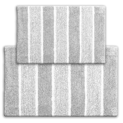 Chardin home Cordural Stripes Bath Mat, Set of 2 Bath Rugs (17x24 Inches & 21x34 Inches) | Non Slip Bathroom Rug, Machine Washable, Plush, Highly Absorbent | Grey-White - color: Grey-white