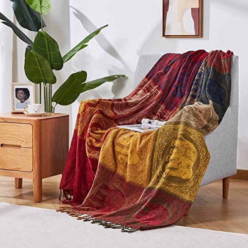 amorus Bohemian Throw Blankets Chenille Jacquard Tassels Soft Chair Cover for Bed Couch Decorative Sofa Throw Blankets - Colorful Tribal Pattern (Red, 60x75 Inches) - color: Colorful Tribal Pattern, size: 60 x 75 in