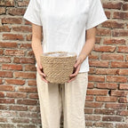 Small Basket Planter 7.1" x 5.9" Seagrass Containers, Hand Woven Wicker Cover Storage, Stylish Plastic Liners Straw Flower Jute Pots for Outdoor Indoor Use Mums Front Porch Room Decoration