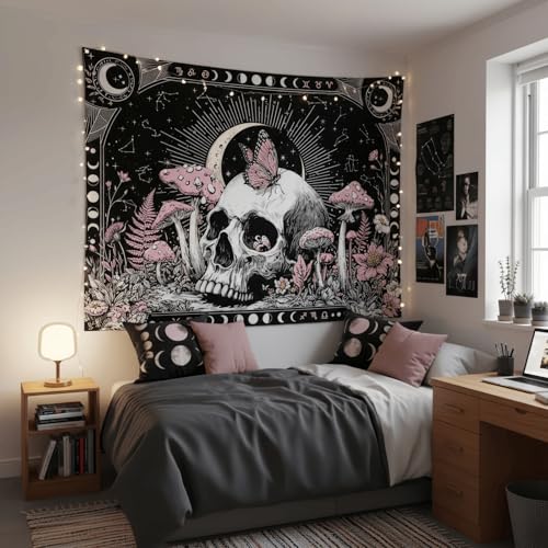 Accnicc Gothic Skull Tapestry Goth Skeleton Butterfly Mushroom Tapestries Wall Hanging Witchy Plant Floral Celestial Constellation Large Tapestry for Bedroom Living Room Dorm 80 x 60 inch - color: Pink White, size: 80"L x 60"W