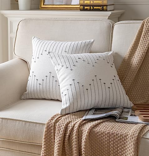 Caflife Boho Throw Pillow Covers 18x18 Set of 2 Decorative Pillows for Bed, Neutral Pillow Covers Beige with Grey Line Throw Pillows for Modern Farmhouse Couch Sofa Living Room Outdoor - color: Grey Beige, size: 18" x 18" (Pack of 2)
