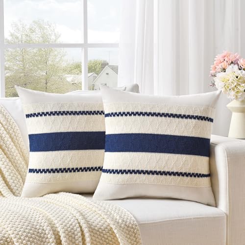 Fancy Homi Set of 2 Navy Blue Decorative Throw Pillow Covers 16x16 Inch for Couch Bed Sofa Living Room Office, Aesthetic Modern Organic Farmhouse Home Decor, Soft Cotton Woven Textured Cushion Case - color: Navy Blue, size: 16" x 16" (Pack of 2)