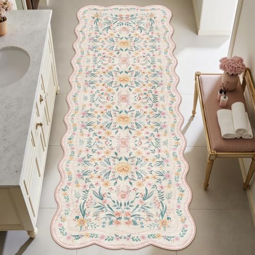 Scalloped Floral Runner Rug 2x6, Pink Washable Non-Slip Boho Hallway Rug, Soft Cute Carpet Runner for Kitchen, Bathroom, Laundry, Entryway or Bedroom - color: Pink Scalloped, size: 2 x 6 ft