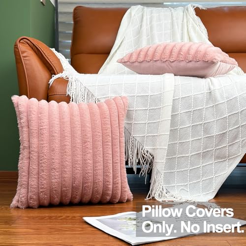 16x16 Throw Pillow Covers Set of 2, Decorative Faux Fur Covers for Bed, Couch Soft Fluffy Pillow Cover with Velvet Back for Living Room, Neutral Home Décor Accent for Sofa - Pink - color: Pink, size: 16" x 16" (Pack of 2)