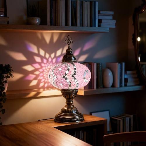 Turkish Mosaic Table Lamp with Bulb – Handmade Pink Stained Glass Light, Vintage Bohemian Decorative Bedside Lamp with US Plug & E12 Socket - color: Pink