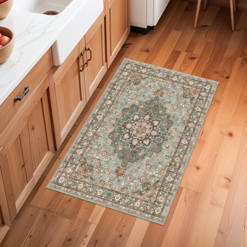 Washable Oriental Area Rug - 2x3 Rugs for Living Room Soft Carpet for Bedroom Waterproof Floral Distressed Indoor Stain Resistant Non-Shedding Floor Carpets (Green, 2x3) - color: Green, size: 2' x 3' (Rectangular)