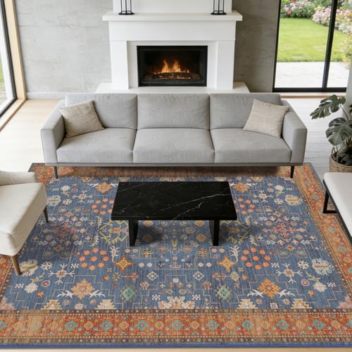 Area Rugs for Living Room 5x7, Stain Resistant Non-Slip Washable Bedroom Rug, Soft Vintage Boho Rug for Dining Room Kitchen Playroom (Indigo Terracotta) - color: Indigo Terracotta, size: 5' x 7' (Rectangular)