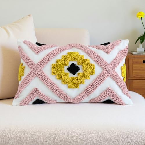 Boho Accent Lumbar Pillow Covers 12x20 - Tufted Abstract Modern Throw Pillow Covers, Farmhouse Decorative Pillowcase for Couch, Sofa, Bed, Living Room -Pink Black Orange Geometric - color: Pink Geometric