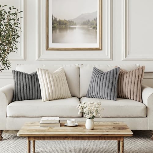 MIULEE Faux Fur Plush Decorative Throw Pillow Covers 20x20 Set of 4, Boho Farmhouse Soft Fuzzy Striped Cushion Covers for Sofa Couch Bed Living Room Vintage Rustic Home Decor,Grey Taupe - color: Grey Taupe, size: 20" x 20" (Pack of 4)