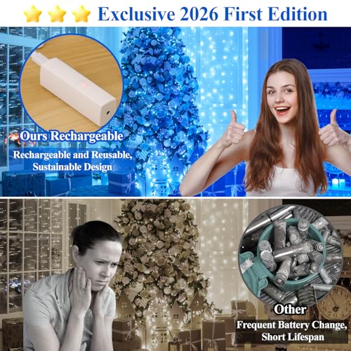 Lakumu 33FT(10M) Blue Fairy Lights, Rechargeable Battery Operated LED String Lights with Timer, 8 Modes Waterproof Twinkle Lights for Bedroom Christmas Wedding Centerpiece Table Decor - color: Blue, size: 33FT