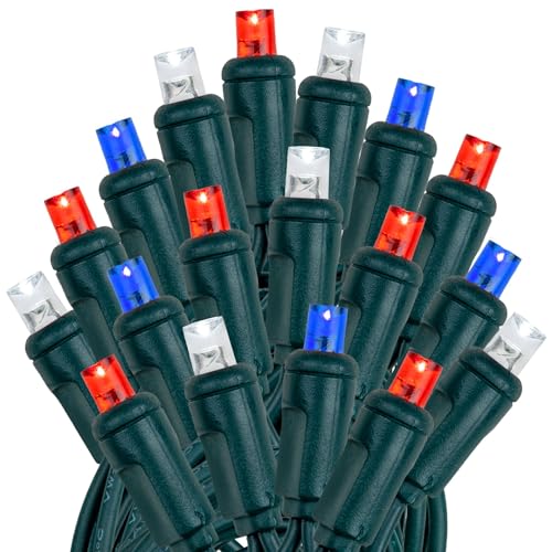 Novelty Lights 50 LED 25ft Red White Blue Lights, USA Patriotic 4th of July String Lights, Wide Angle Mini Lights on Green Wire, Commercial Grade, Connectable Indoor Outdoor Christmas Lights - color: Red / White / Blue