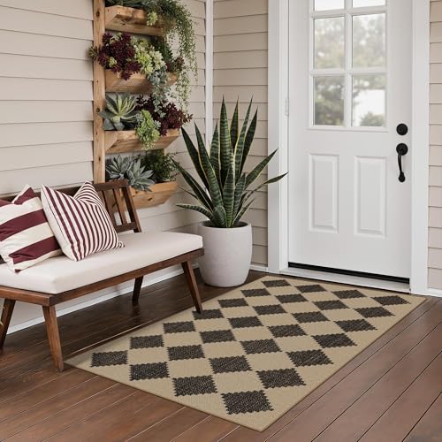 GENIMO Indoor Outdoor Area Rug 3'x5', Checkered Easy Jute Rug Machine Washable, Easy-Cleaning, Non Slip Geometric Outdoor Carpet for Patio, Living Room, Entryway, Backyard, Porch, Deck, Balcony - color: Zigzag Diamond, size: 3' x 5' (Rectangular)