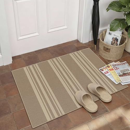 PureCozy Striped Easy Jute Rug 2x3 Khaki Entryway Carpet Washable Non Slip Door Mat Farmhouse Neutral Non Shedding Entry Small Indoor Outdoor Rug for Kitchen Bedroom Mudroom Bathroom - color: Khaki/Striped, size: 2' x 3' (Rectangular)