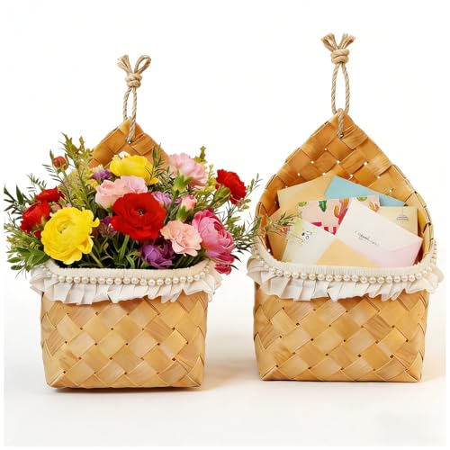 2 Pack Hanging Wall Baskets for Entryway & Front Door – Woven Wicker Baskets for Flowers, Mail, Keys – Boho Farmhouse Wall Decor Set for Plants