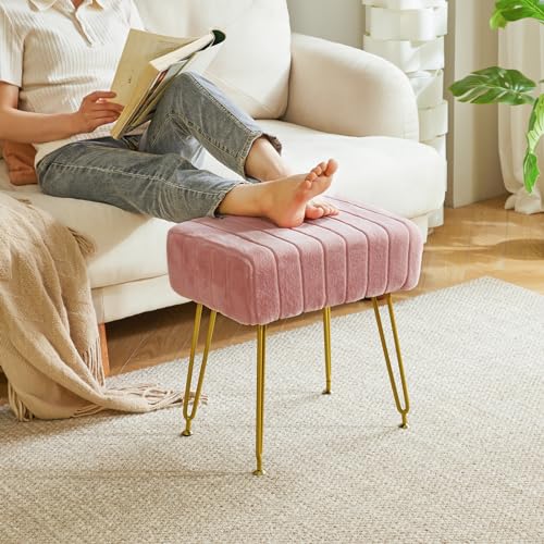 IBUYKE Velvet Rectangular Footrest Ottoman, Makeup Vanity Stool Side Table, Velvet Dressing Table Seat, Pouf Couch Stool, Golden Steel Legs, Pink LG-51P - color: Pink, size: 15.8"D x 11.8"W x 18.1"H