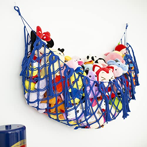 Stuffed Animal Storage Hanging Net or Hammock for Stuffed Animals Handmade Macrame Toy Hammock Plush Toy Hammock Organizer (Blue) - color: Royal Blue for Wall, size: 60" W