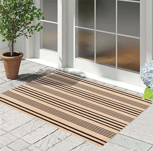 Front Outdoor Door Mat 2'x3',Tan Black Striped Outdoor Rug Machine Washable Cotton Layered Door Mat Entryway Throw Rug for Indoor Entrance - color: Black Khaki, size: 2' x 3' (Rectangular)