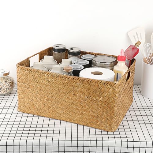 Hipiwe Seagrass Storage Baskets Bin for Shelf,X-Large Handwoven Wicker Baskets Built-in Handles Rectangular Closet Bedroom Organizer Box Multipurpose Pantry Basket,Caramel Color - color: Caramel, size: X-Large,16.1"x11.8"x7.7"