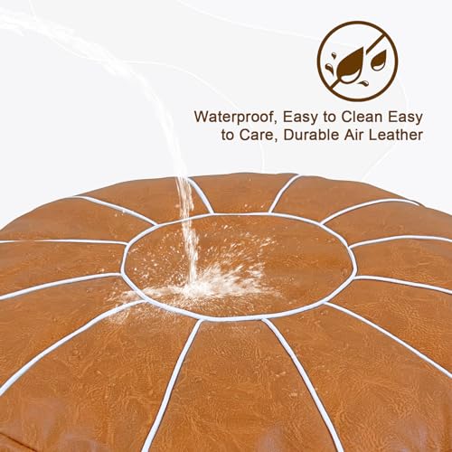 Louis Donné Pouf Ottoman Cover, Handmade Faux PU Leather Moroccan Style, Unstuffed Pouffe Ottomans,20.8" Round Foot Rest for Living Room,Floor Small Bean Bag Chair Gifts for Kids ONLY Cover(Orange)