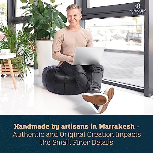 Marrakesh Gallery Genuine Leather Round Pouf Unstuffed - Moroccan Ottoman Footstool, Footrest Cover - Boho Decor - Bohemian Living Room, Bedroom, Kids Room, Gift & Wedding - color: Black By Black