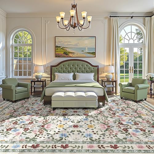 Deerly Extra Large Floral Washable Area Rug 10x14 for Living Room Vintage Soft Low Pile Indoor Carpet for Bedroom Boho Non-Slip Floor Mat for Dining Room Playroom Farmhouse, Beige/Green/Multi - color: Beige/Green/Multi, size: 10' x 14' (Rectangular)