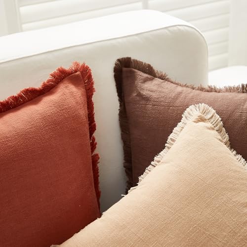 Sunday Praise Set of 2 Linen Fringe Decorative Pillow Covers 18x18 Inch Farmhouse Accent Boho Throw Pillow Cases with Tassels Cozy Soft Square Cushion Covers for Couch Sofa Bed Home Decor,Khaki - color: Khaki, size: 18" x 18" (Pack of 2)