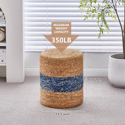 Wimarsbon 2Pcs Pouf Ottomans, Natural Seagrass Foot Stool, Hand Weaving Round Ottoman, Boho Decorative Seat, Jute Braided Pouffe Poof Accent Sitting Footrest for Living Room (Blue-2) - color: 14inch Water Hyacinth Braid & Blue Corn Shell