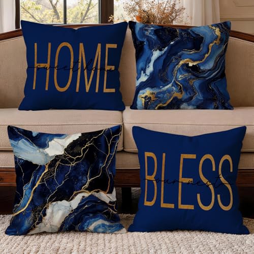OBSEDE Blue Marble with Faith Quotes Decorative Throw Pillow Covers 18 × 18 in, Set of 4, Couch Cushion Cases Inserts for Sofa Bed Living Room Home Decor, Single-Sided Print - color: Blue Marble With Faith Quotes, size: 18" x 18" (Pack of 4)