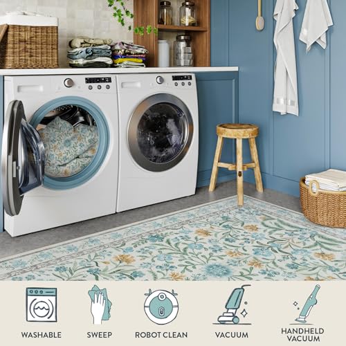 Lahome Sylvie Light Blue Runner Rug 2x6, Boho Floral Runners for Kitchen Floor, Machine Washable Soft Thin Indoor Throw Carpet Runners for Hallway Bathroom Laundry 6ft, Blue - color: Baby Blue, size: 2' x 6' (Runner)